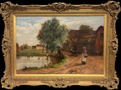Charming English Rural Farmyard Scene with Ducks Figures & Cottage Oil Painting