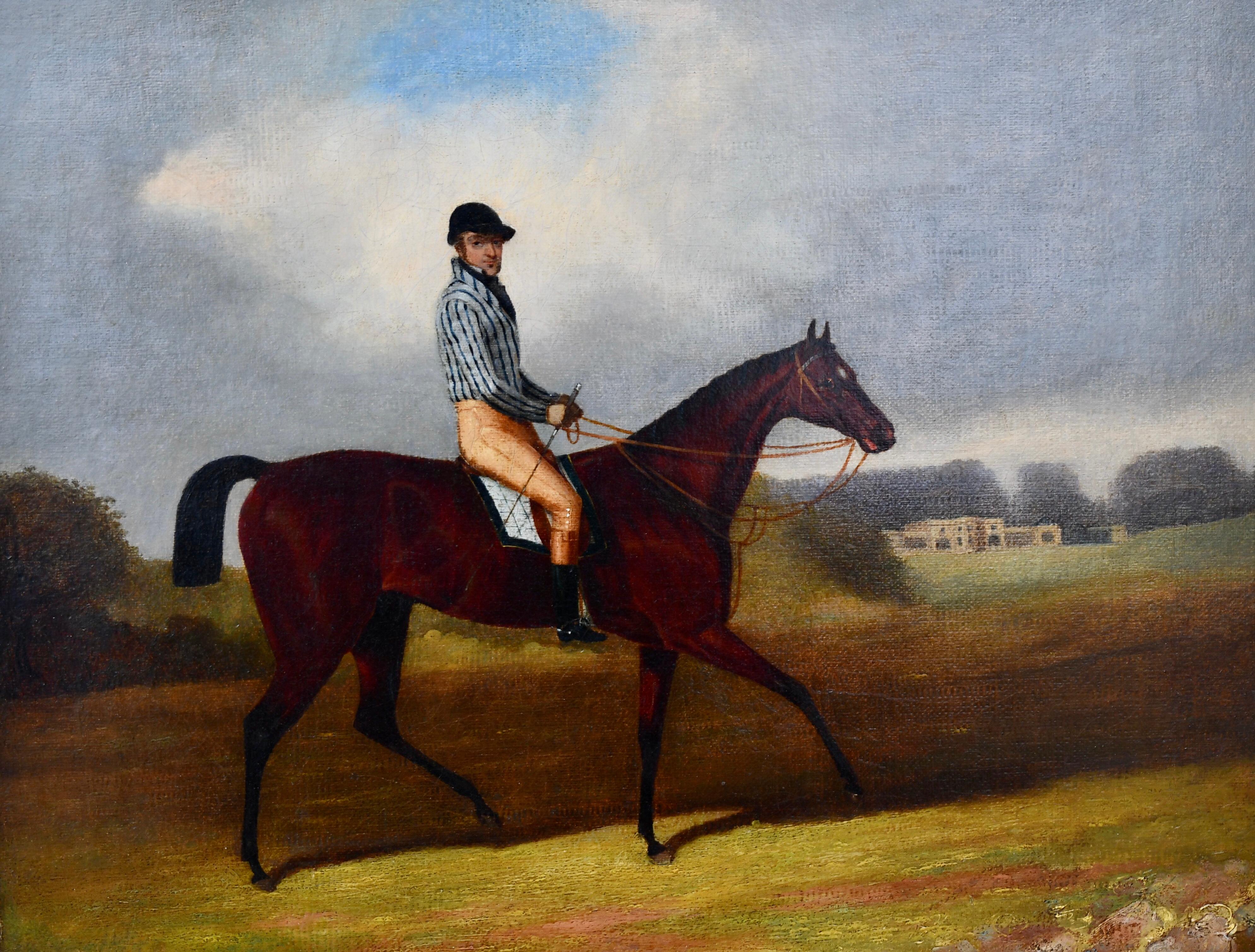 Well-executed oil on canvas featuring a horse and jockey in a beautiful English countryside landscape. This piece dates to the second half of the 19th century and is very mush in the style and quality of painters such as John Sartorius and Harry