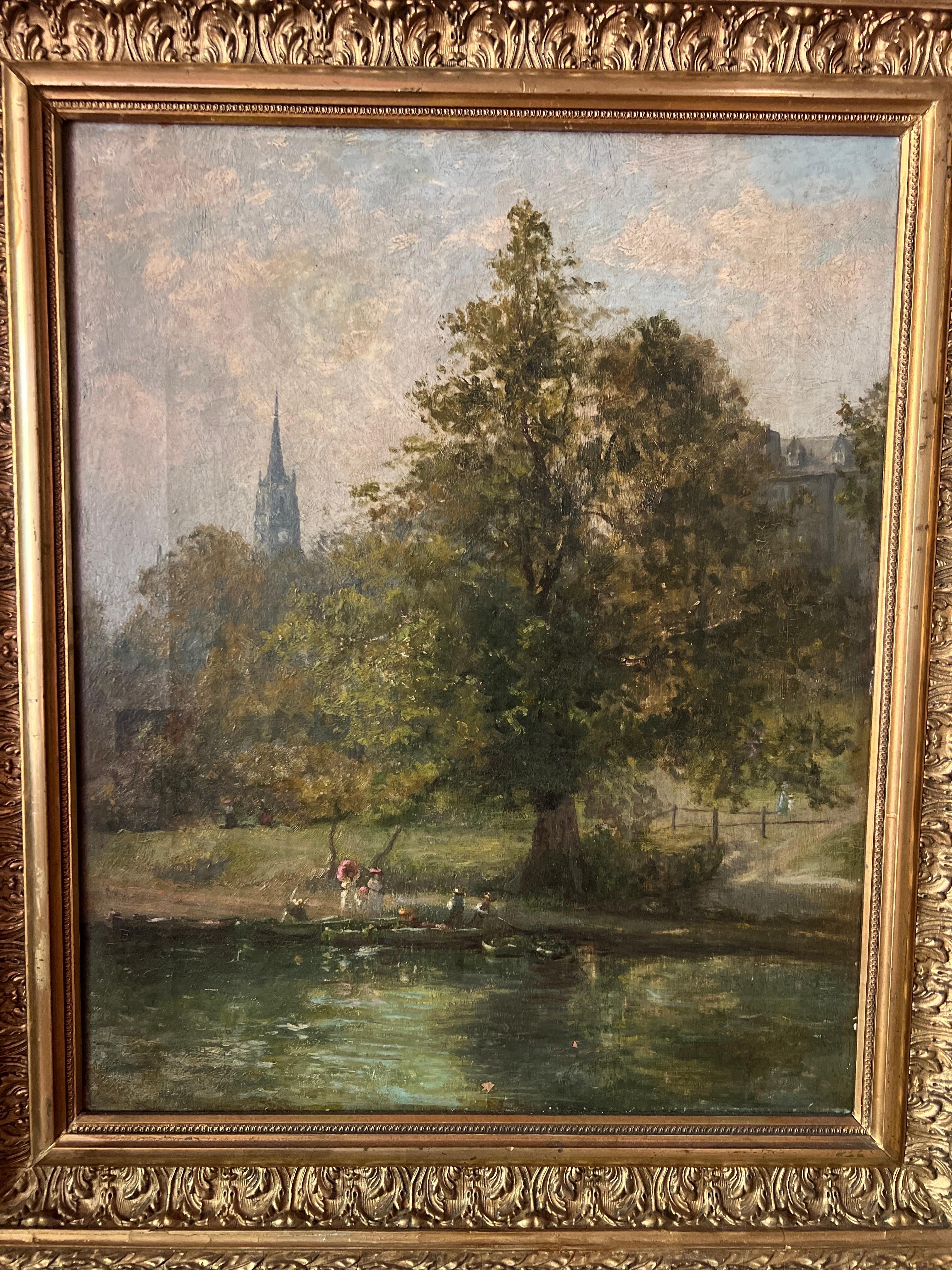 English School, 19th century.

A fine quality English School oil painting on canvas of a duck pond which has a small family boarding a tiny boat. Surrounded by lush trees, a dirt path and Salisbury church in the background. The painting is signed by