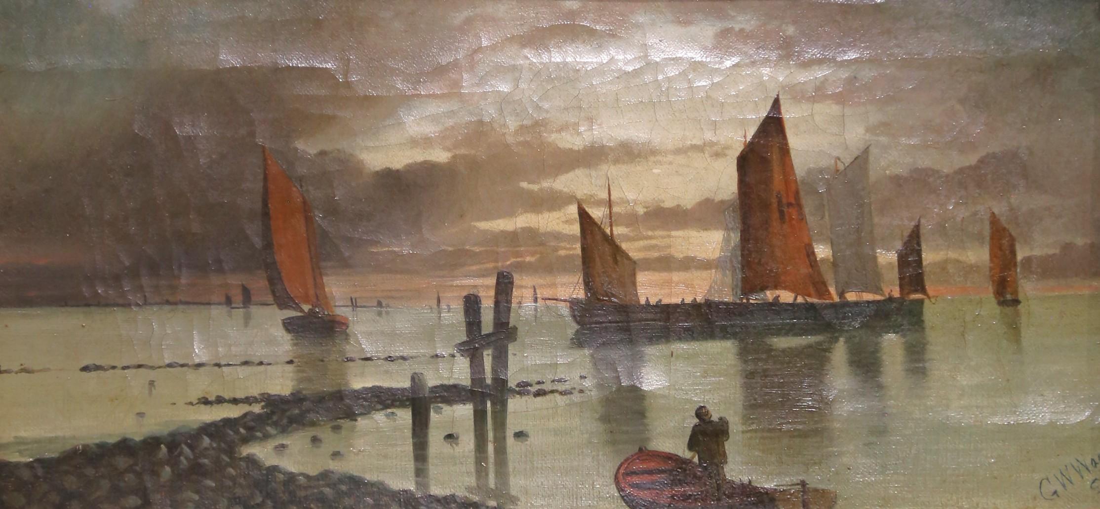 Maritime Ölgemälde der English School aus dem 19. Jahrhundert in vergoldeten Rahmen, Satz von drei Bildern im Angebot 4