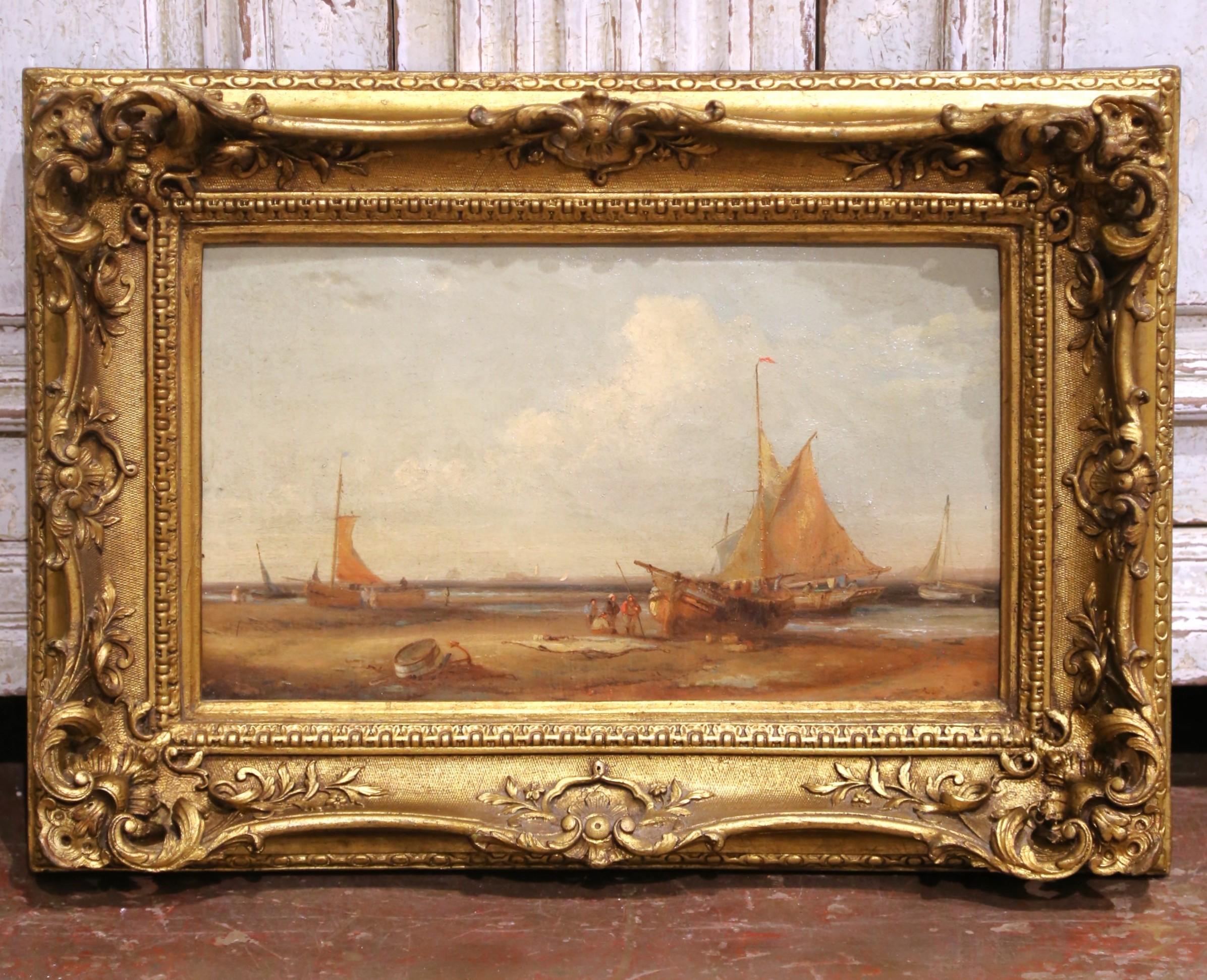 Maritime Ölgemälde der English School aus dem 19. Jahrhundert in vergoldeten Rahmen, Satz von drei Bildern (Geschnitzt) im Angebot