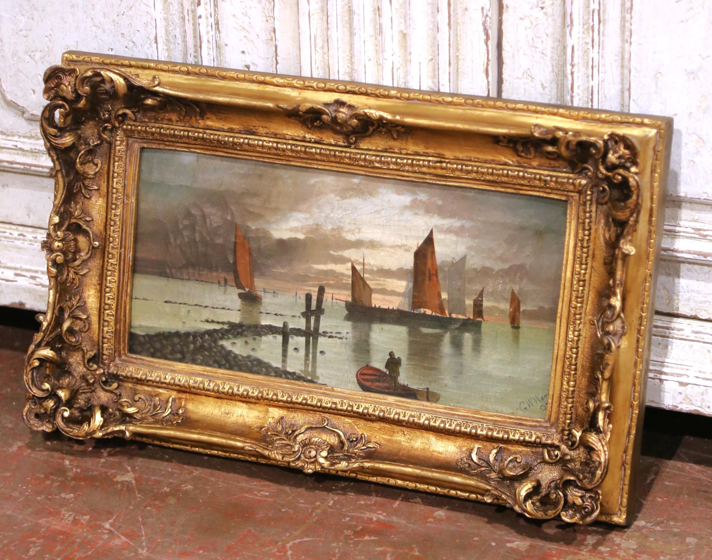 Maritime Ölgemälde der English School aus dem 19. Jahrhundert in vergoldeten Rahmen, Satz von drei Bildern im Angebot 2