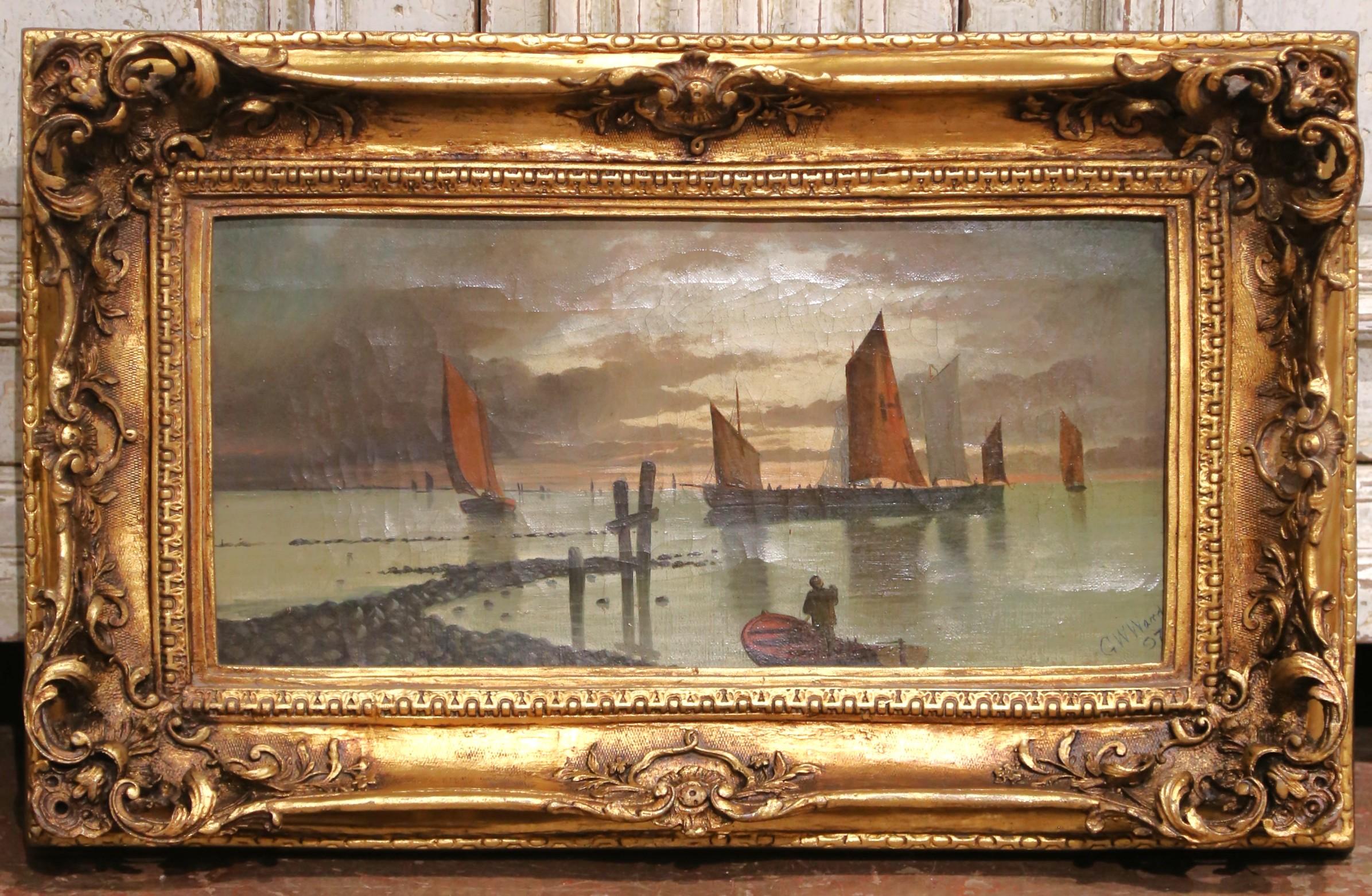 Maritime Ölgemälde der English School aus dem 19. Jahrhundert in vergoldeten Rahmen, Satz von drei Bildern im Angebot 3