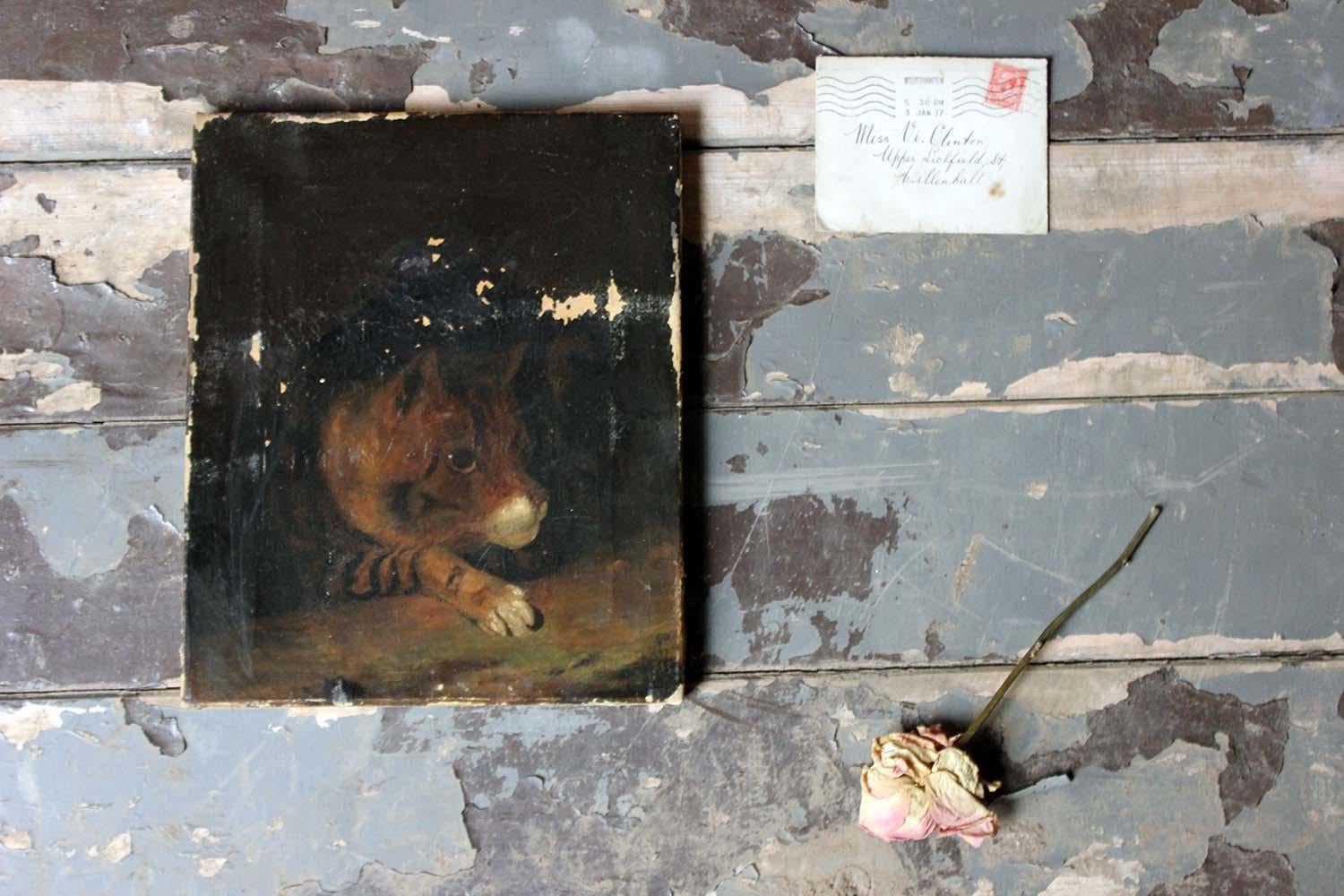 19th Century English School Oil on Canvas Study of a Cat, circa 1882 In Distressed Condition In Bedford, Bedfordshire