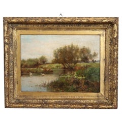 19th Century English School Oil Painting on Canvas, Landscape with Swans