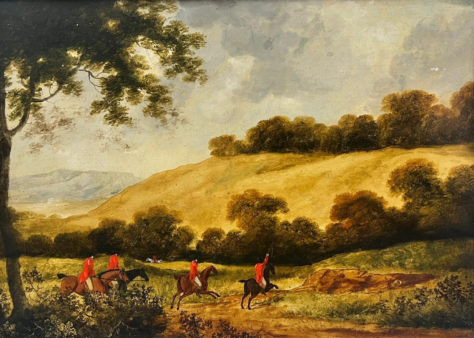 19th Century English School Landscape Painting - 1850’s English Fox Hunting Classic Countryside Scene Huntsman on Horseback 