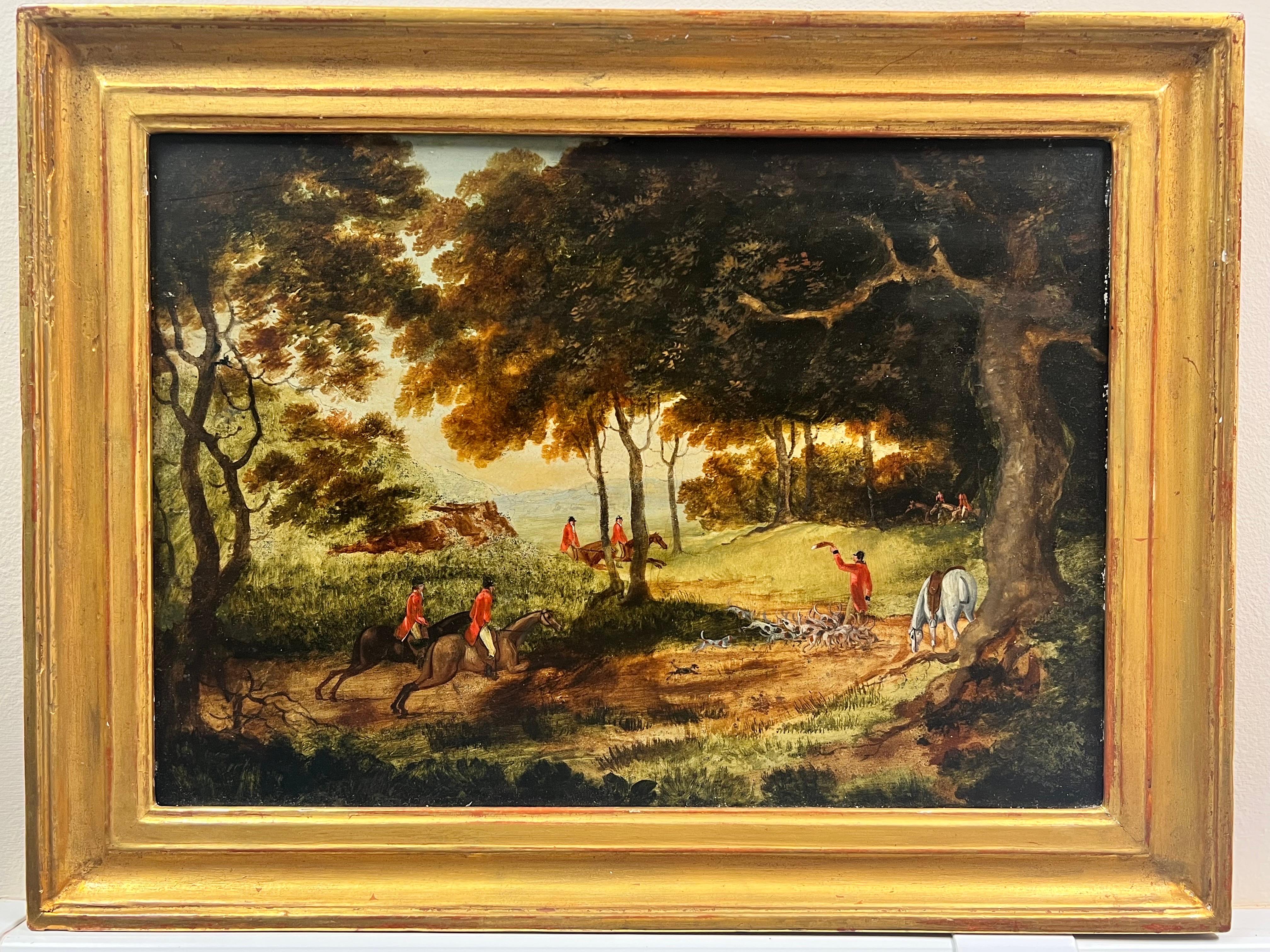 1850’s English Fox Hunting Scene Pack of Hounds, Huntsman & Horses in Woods - Painting by 19th Century English School