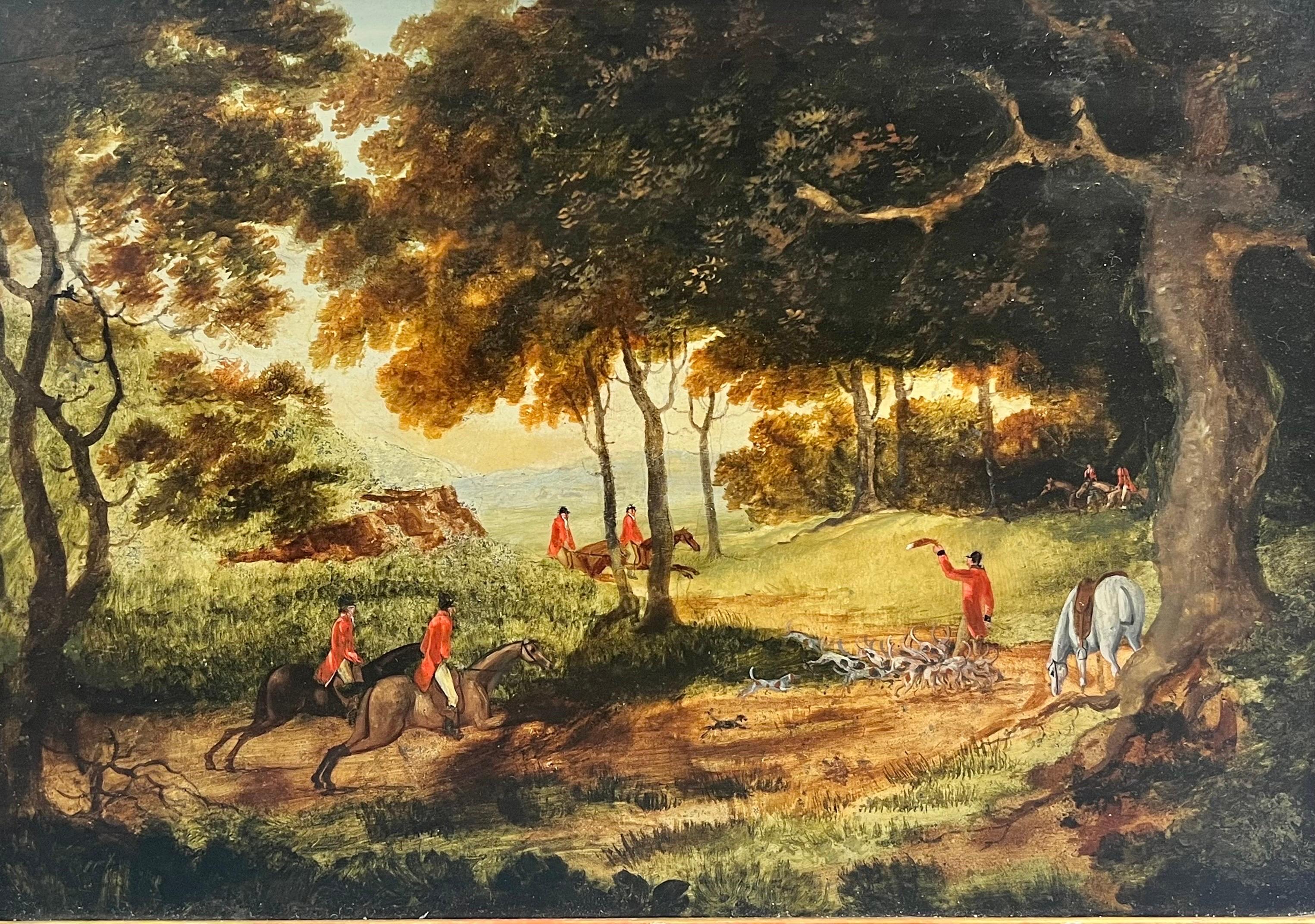 19th Century English School Animal Painting - 1850’s English Fox Hunting Scene Pack of Hounds, Huntsman & Horses in Woods