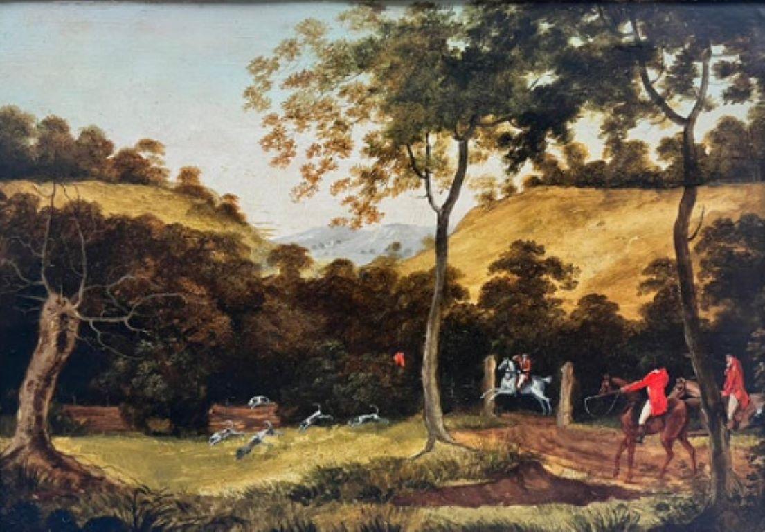 19th Century English School Landscape Painting - 1850’s English Hunting Countryside Oil Huntsman on Horseback and Hounds