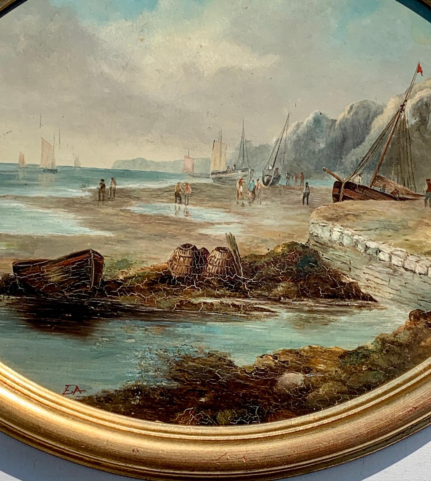 Antico inglese del XIX secolo,  Paesaggio con il  Mare, Pescatore, Cottage - Painting di 19th Century English School