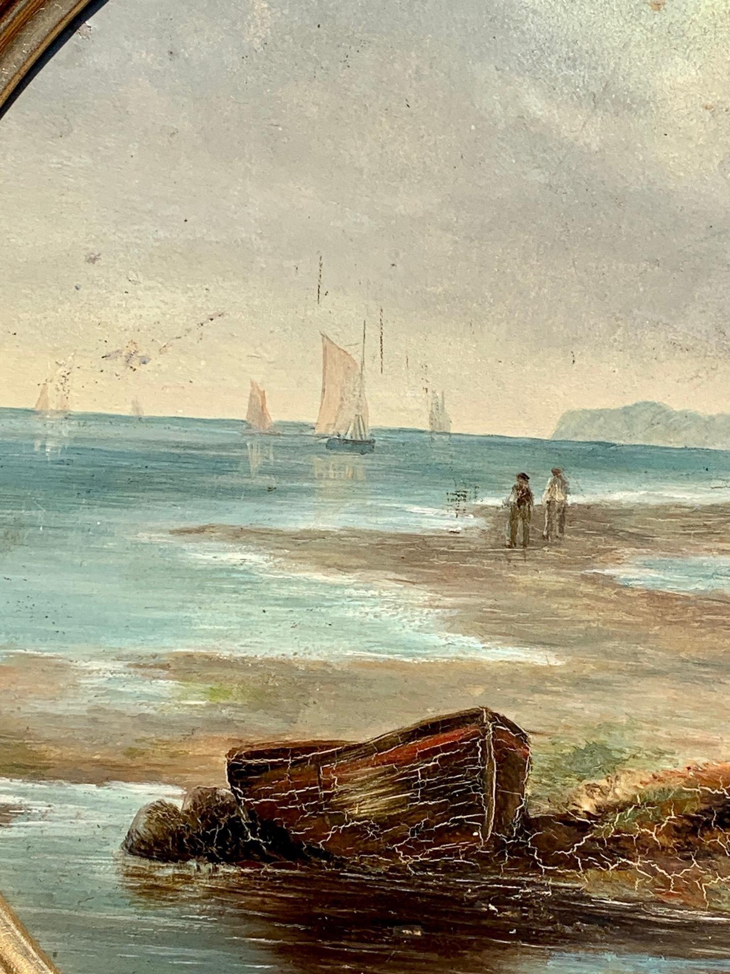 Antico inglese del XIX secolo,  Paesaggio con il  Mare, Pescatore, Cottage 1