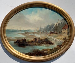 19th century Antique English,  Landscape with the  Sea, Fisherman, Cottages