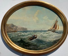 19th century Antique English,  Seascape with fisherman at sea out fishing