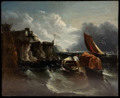 19th Century English Coastal Scene Fishing Boats Cliffs Stormy Sea Work