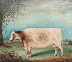 19th Century English Folk Art Oil Portrait of Prize Cow in Pastoral Landscape
