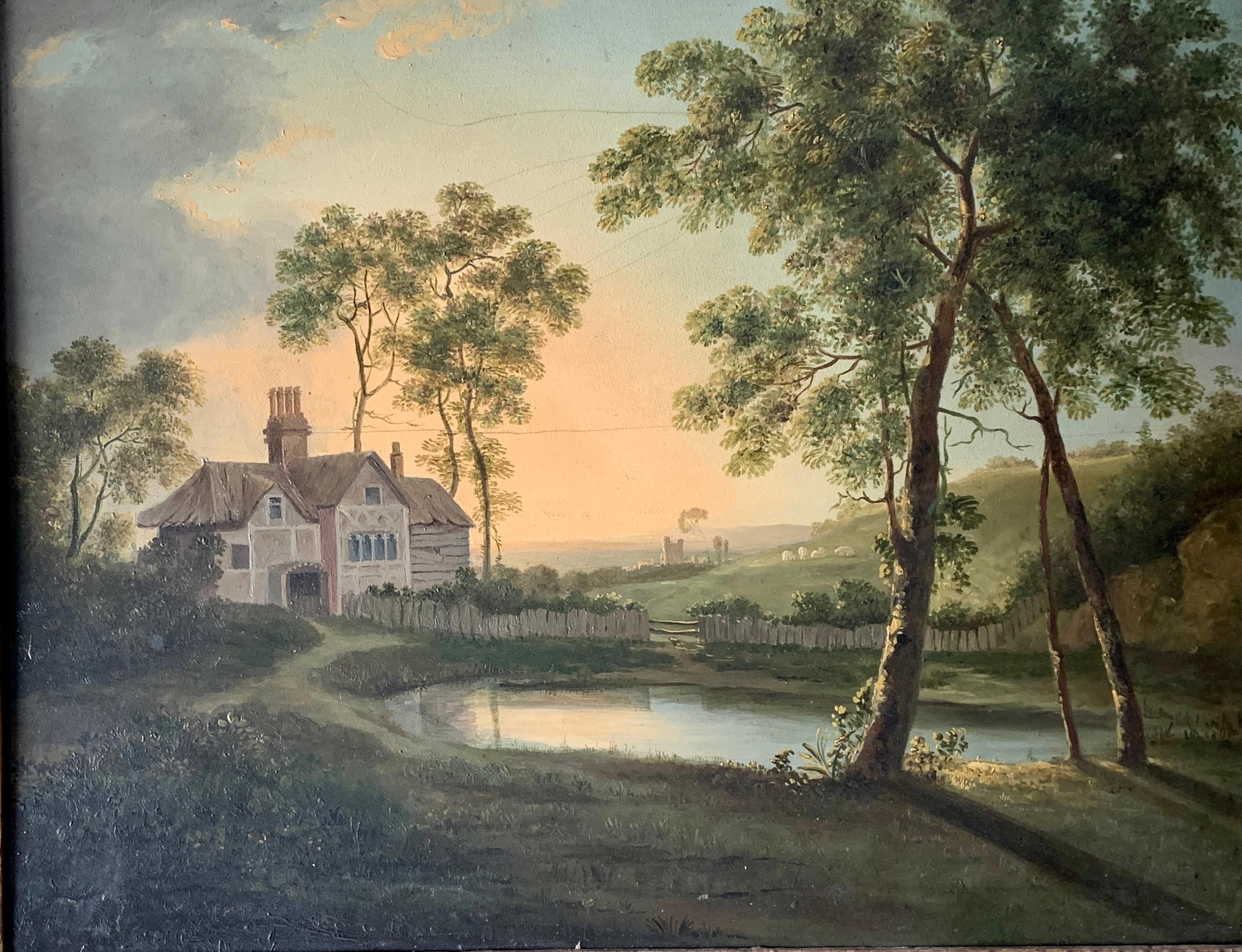 19th century English landscape with a cottage, pond, trees at sunrise or sunset - Painting by Unknown