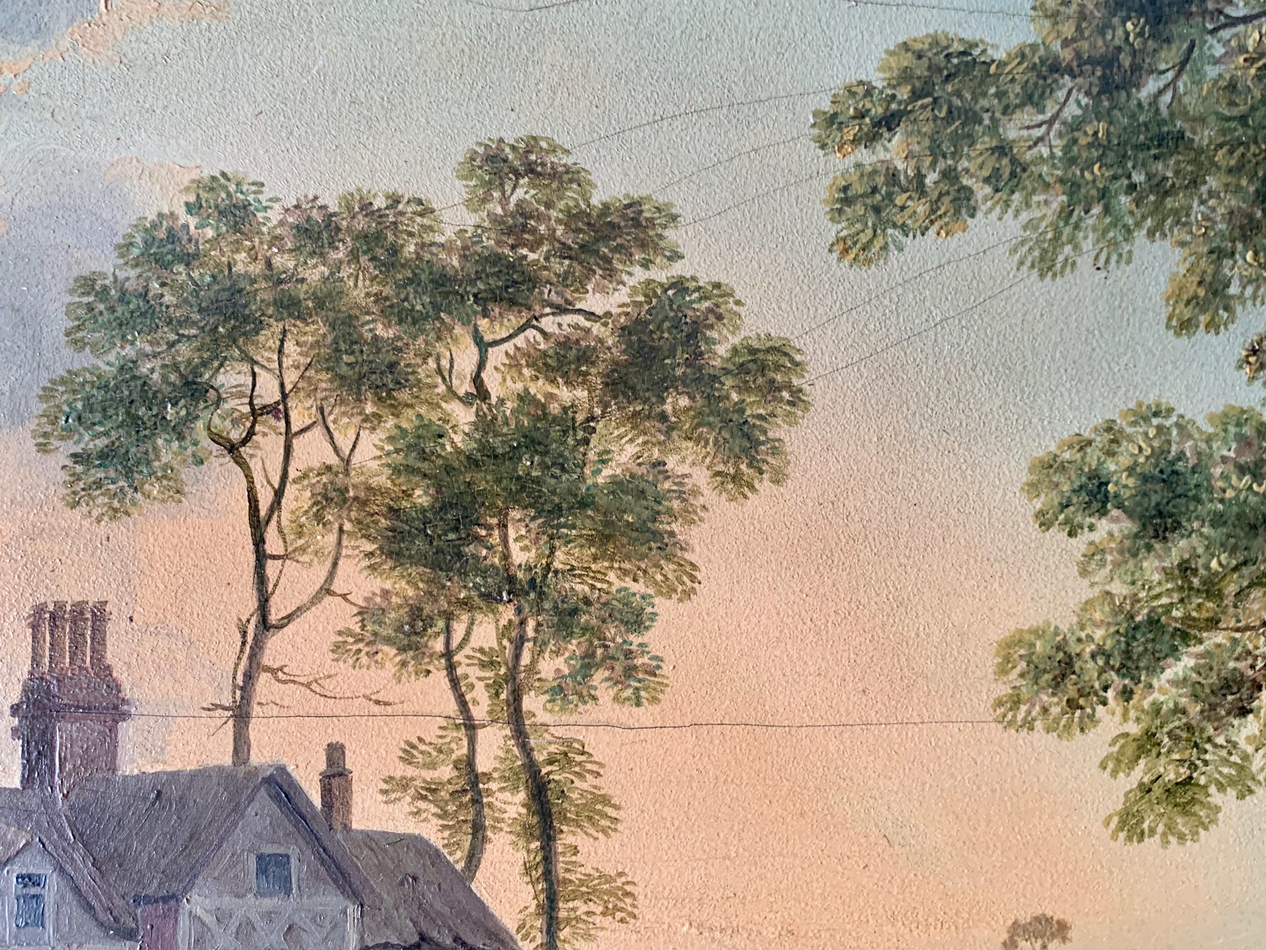 Englische Landschaft des 19. Jahrhunderts mit einem Haus, Teich, Bäumen bei Sonnenaufgang oder Sonnenuntergang (Braun), Landscape Painting, von Unknown