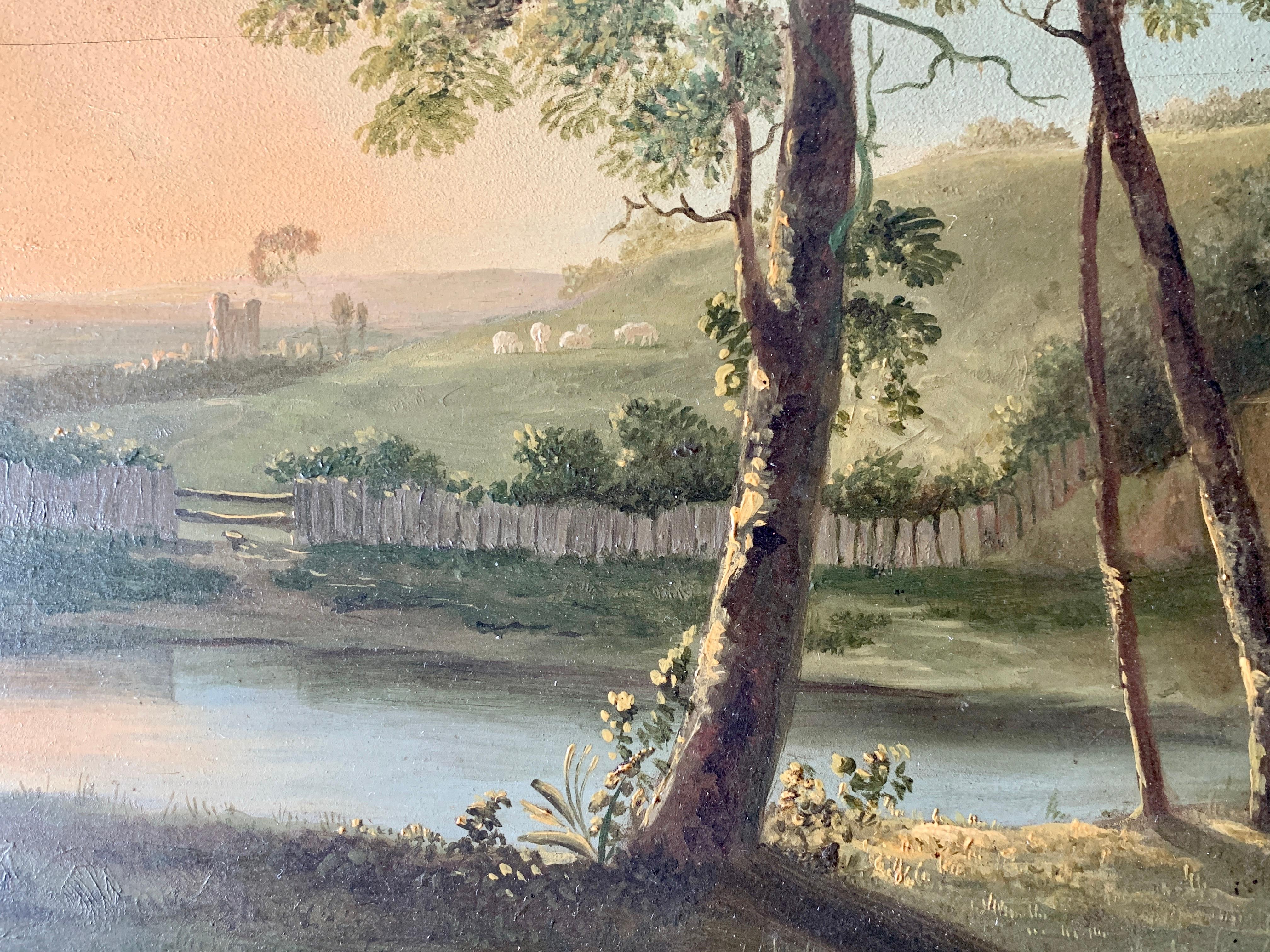 19th century English landscape with a cottage, pond, trees at sunrise or sunset - Brown Landscape Painting by Unknown