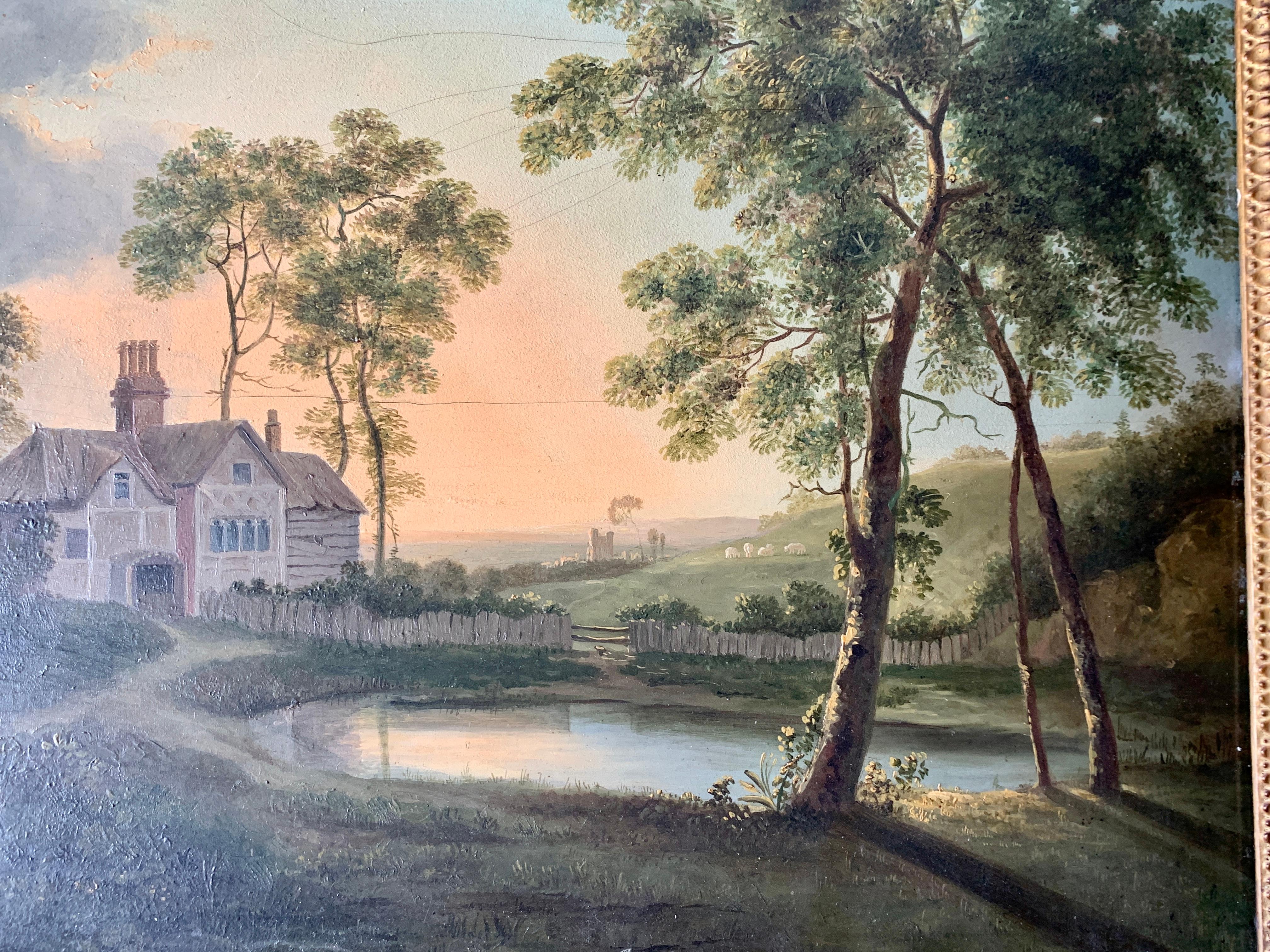 19th century English landscape with a cottage, pond, trees at sunrise or sunset For Sale 1