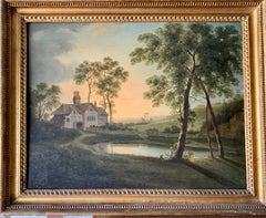 Antique 19th century English landscape with a cottage, pond, trees at sunrise or sunset