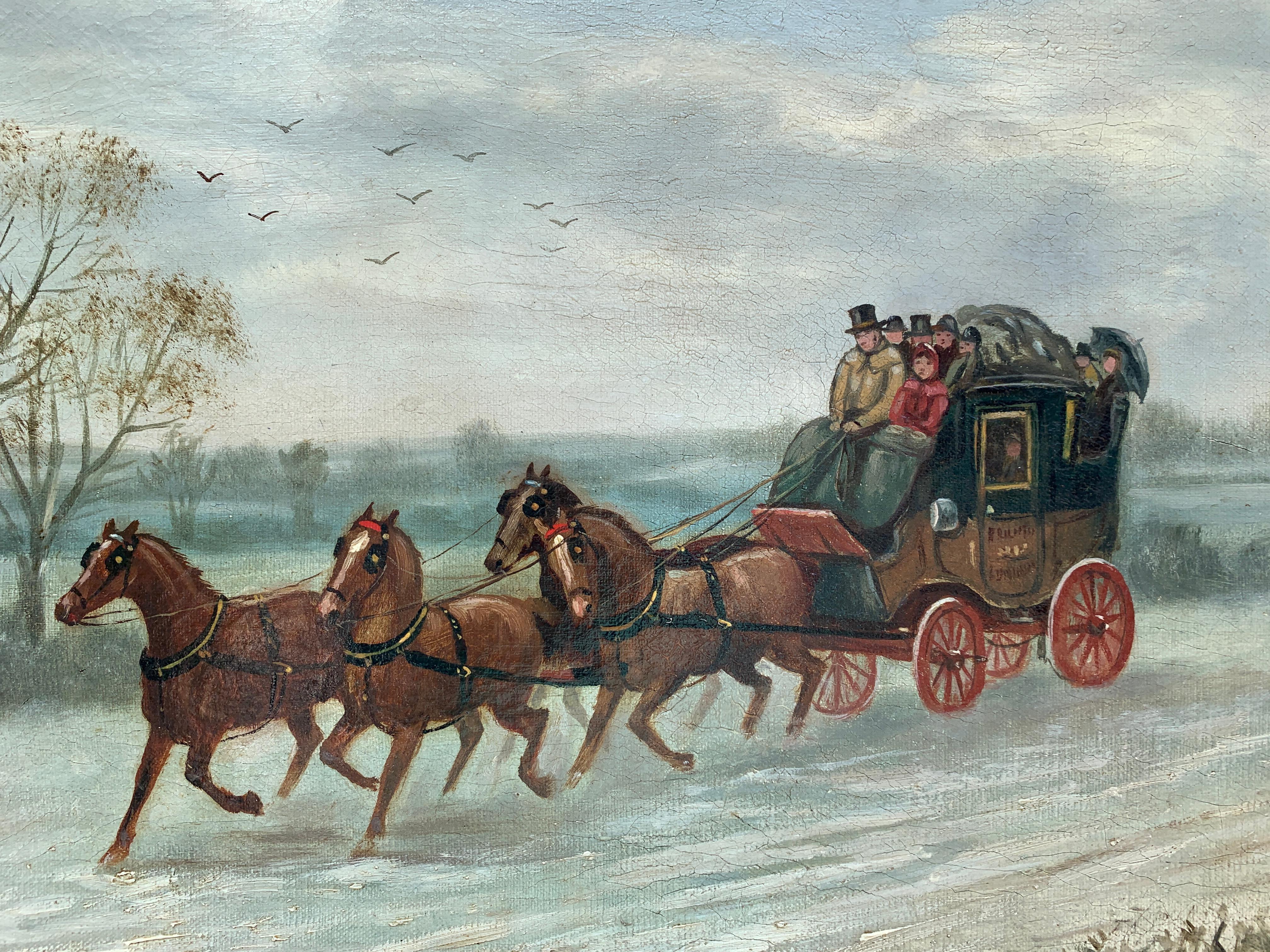 19th century Victorian English mail coach with horses in a landscape - Painting by Unknown