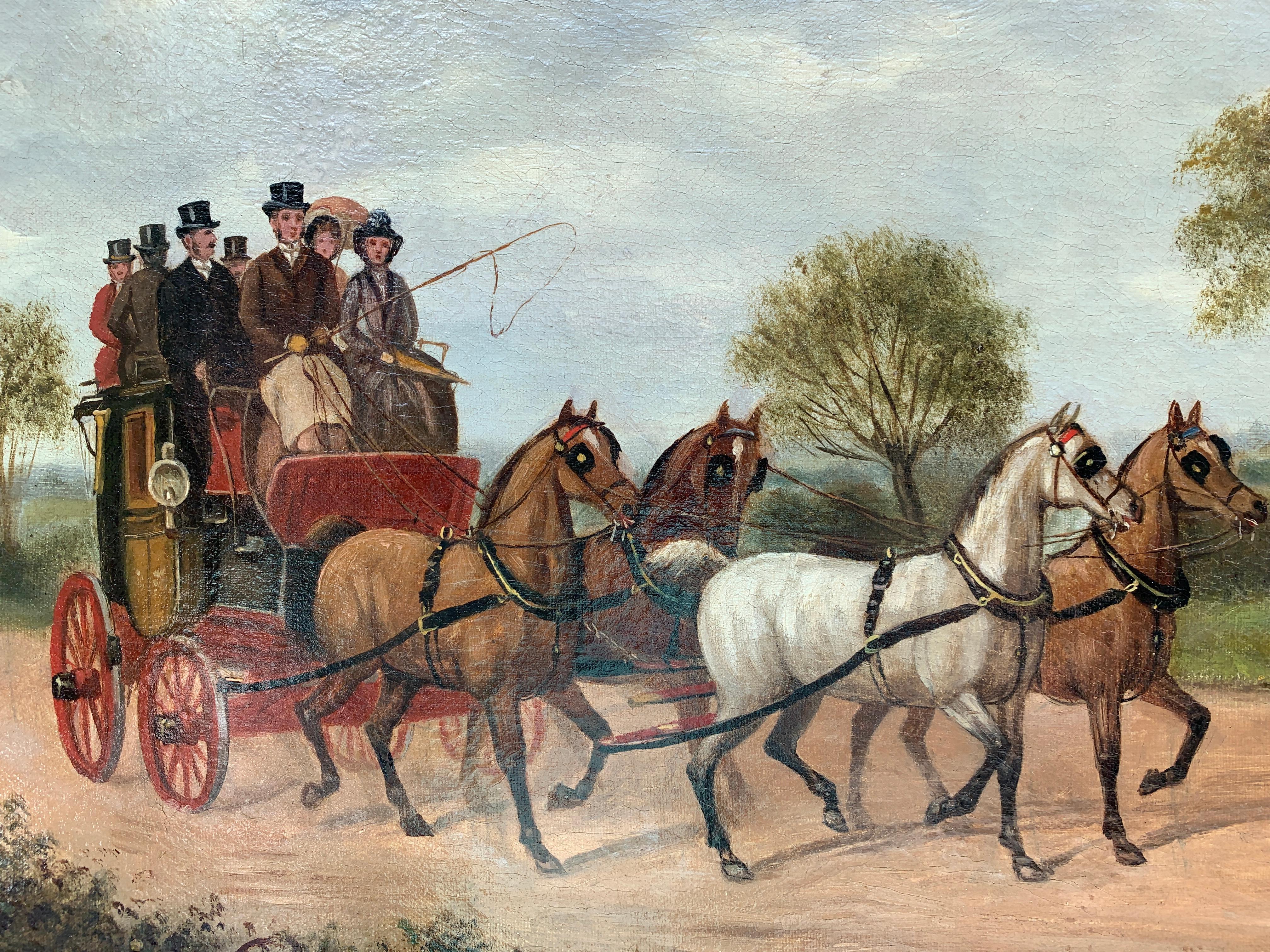 19th century Victorian English mail coach with horses in a landscape - Painting by Unknown