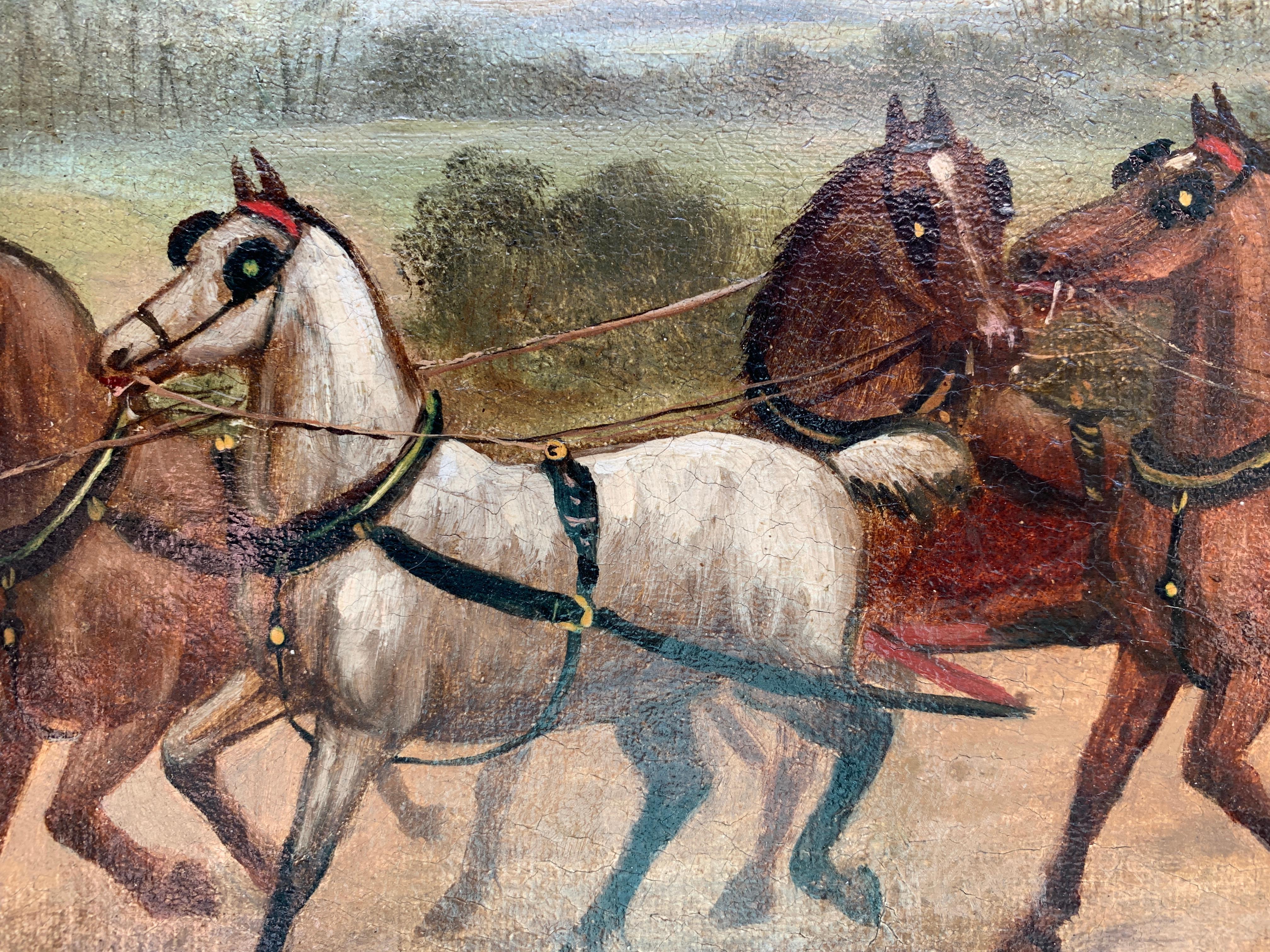 19th century Victorian English mail coach with horses in a landscape - Brown Figurative Painting by Unknown