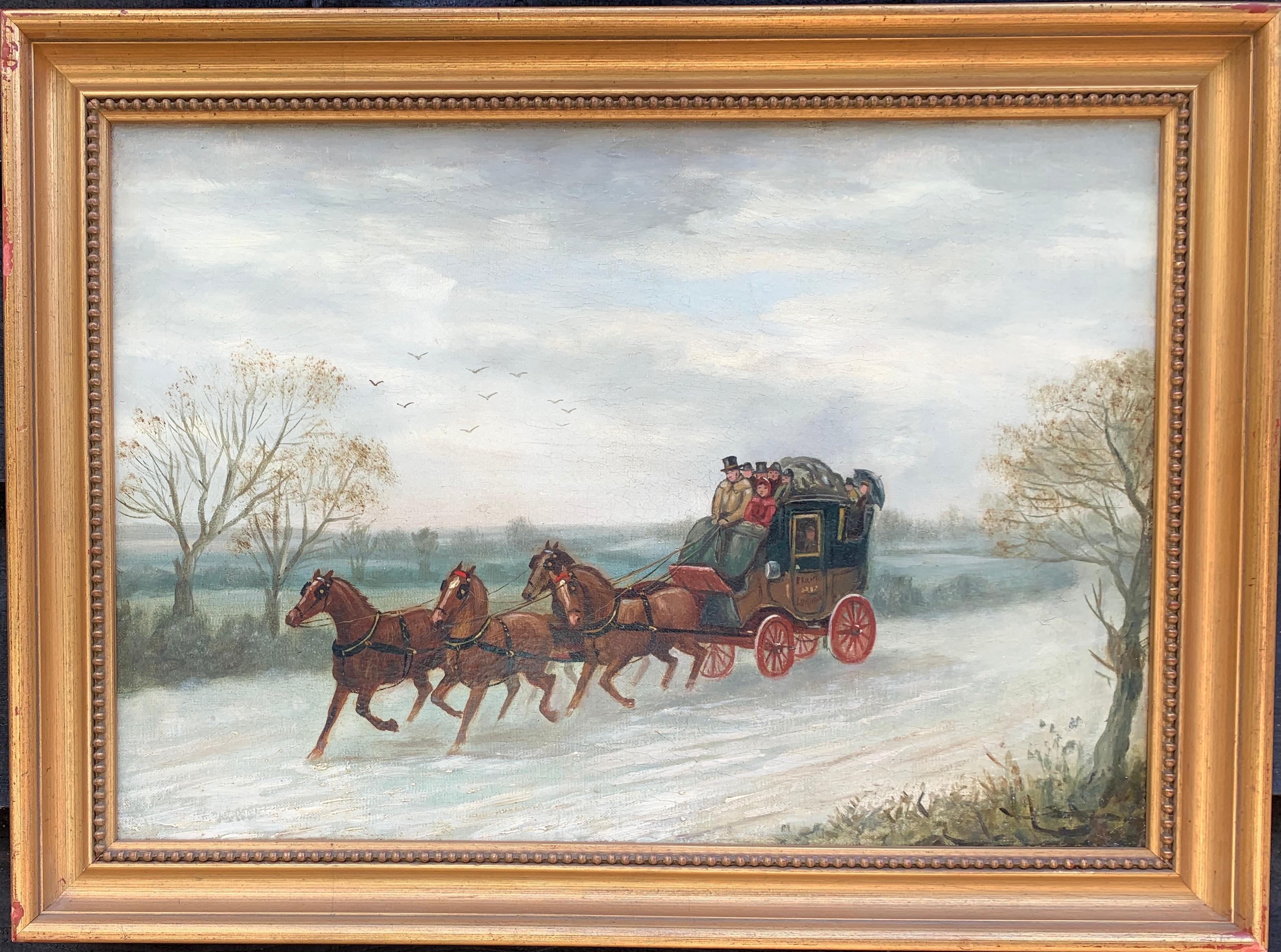 Unknown Figurative Painting - 19th century Victorian English mail coach with horses in a landscape