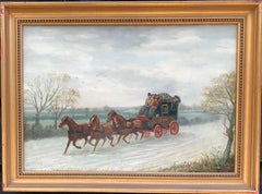 19th century Victorian English mail coach with horses in a landscape