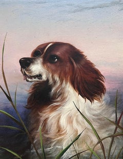 Antique English 19th Century Victorian Oil Painting Head Portrait of Spaniel Dog