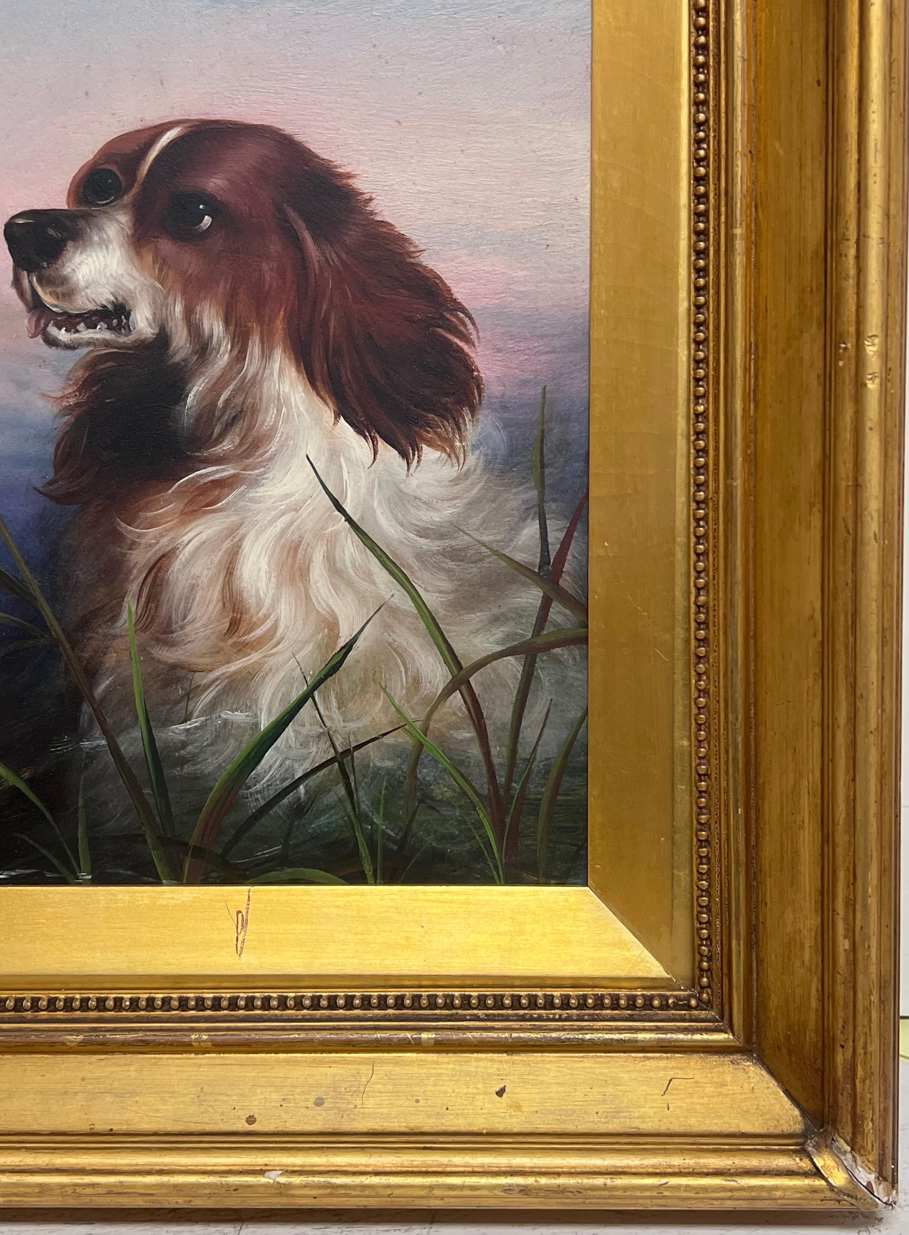 Portrait d'un épagneul
École anglaise, 19e siècle
basé sur un travail comparable de Sir Edwin Landseer
huile sur panneau avec support en carton, encadrée dans un cadre antique doré profond
encadré : 21 x  18 pouces
tableau : 18 x 14.5