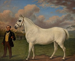 Antique English Oil Painting White Horse & Groom Portrait Oil Painting