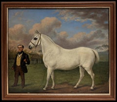 Antique English Oil Painting White Horse & Groom Portrait Oil Painting