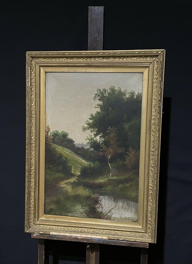 Antique English Signed Oil Woodland Pathway & Pool Gilt Framed Landscape - Painting by Unknown