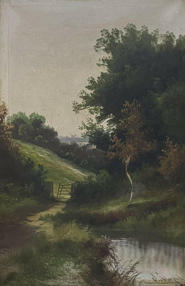 Antique English Signed Oil Woodland Pathway & Pool Gilt Framed Landscape - Black Landscape Painting by Unknown
