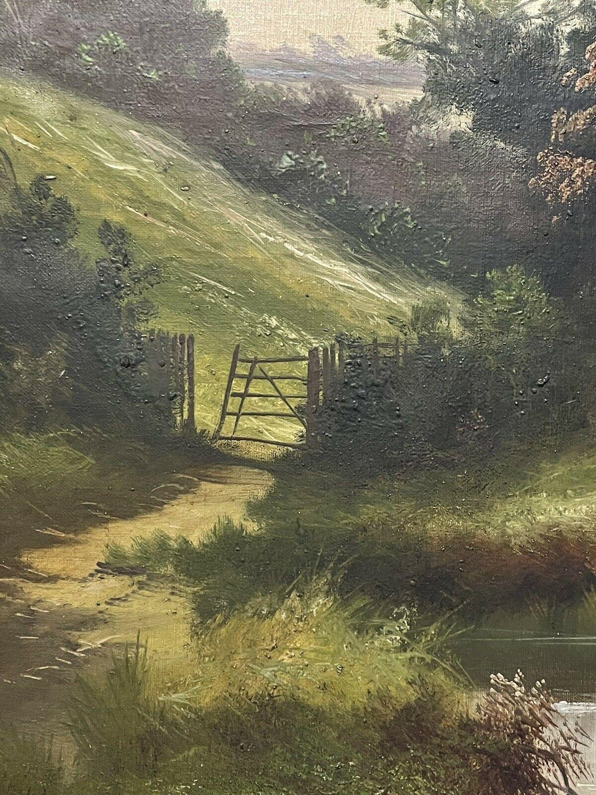 Antique English Signed Oil Woodland Pathway & Pool Gilt Framed Landscape - Black Landscape Painting by Unknown