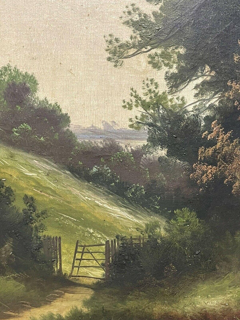 Antique English Signed Oil Woodland Pathway & Pool Gilt Framed Landscape For Sale 3
