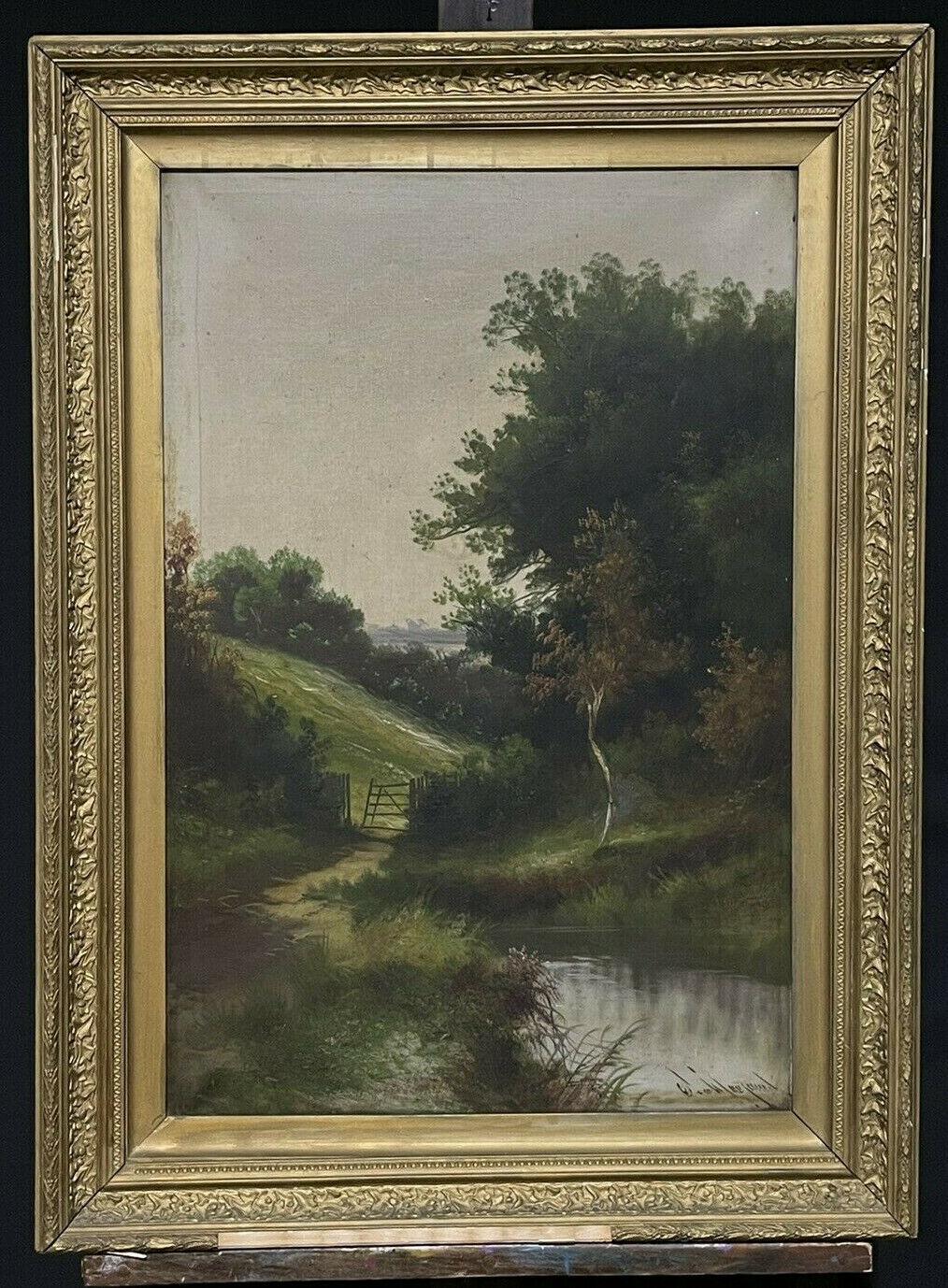Unknown - Antique English Signed Oil Woodland Pathway and Pool Gilt Framed  Landscape For Sale at 1stDibs