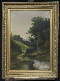 Antique English Signed Oil Woodland Pathway & Pool Gilt Framed Landscape