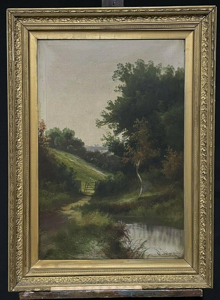 Unknown Landscape Painting - Antique English Signed Oil Woodland Pathway & Pool Gilt Framed Landscape