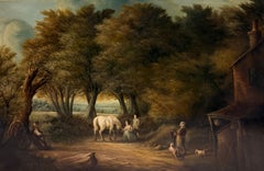 Children with Pony in Woodland Landscape English Pastoral Scene Oil Painting