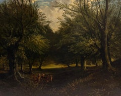 Deer Beneath Ancient Trees Woodland Landscape Antique English Oil Painting