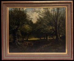 Deer Beneath Ancient Trees Woodland Landscape Antique English Oil Painting