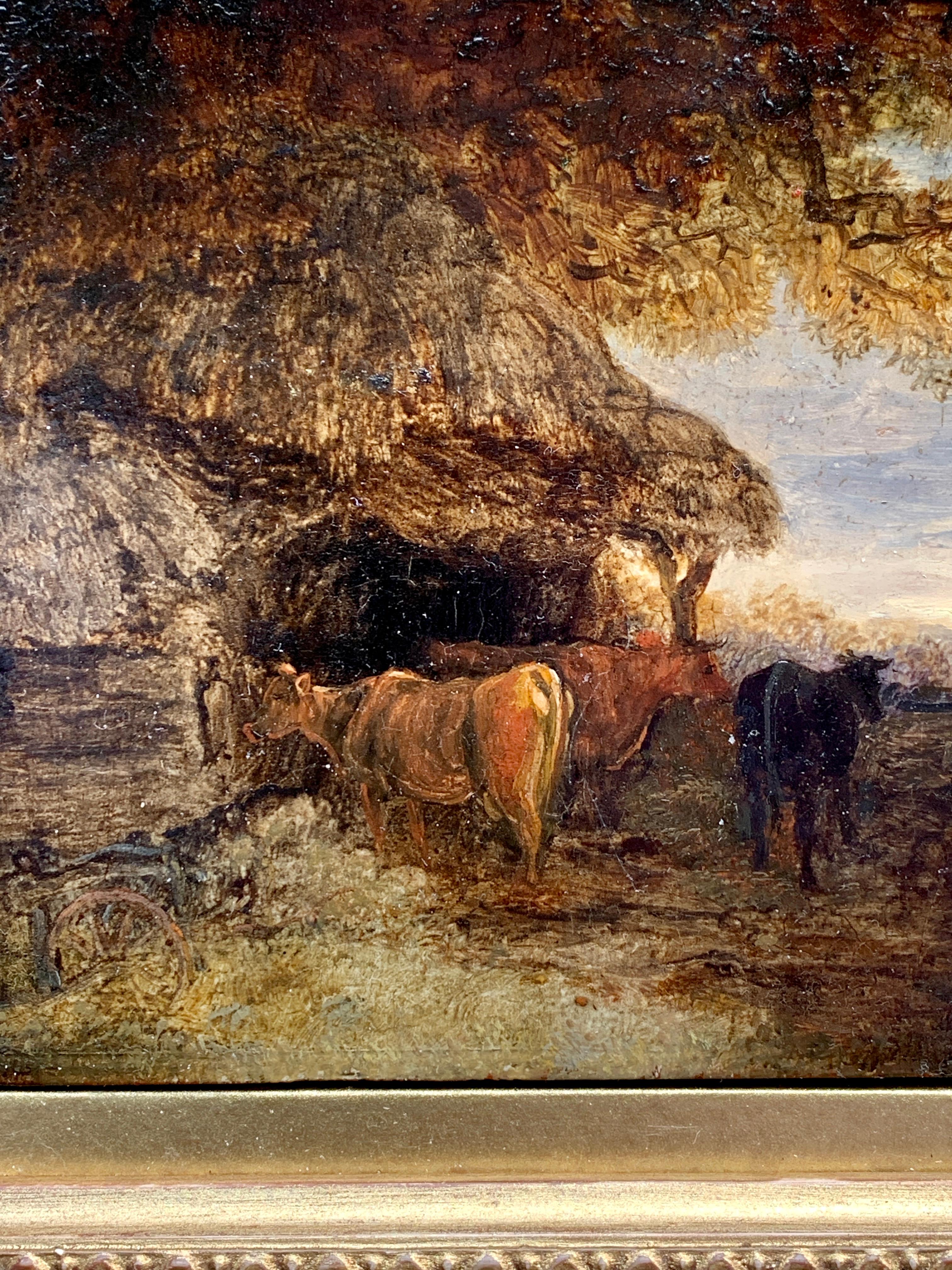 Early 19th century Antique English landscape with cows in a cowshed - Painting by Unknown