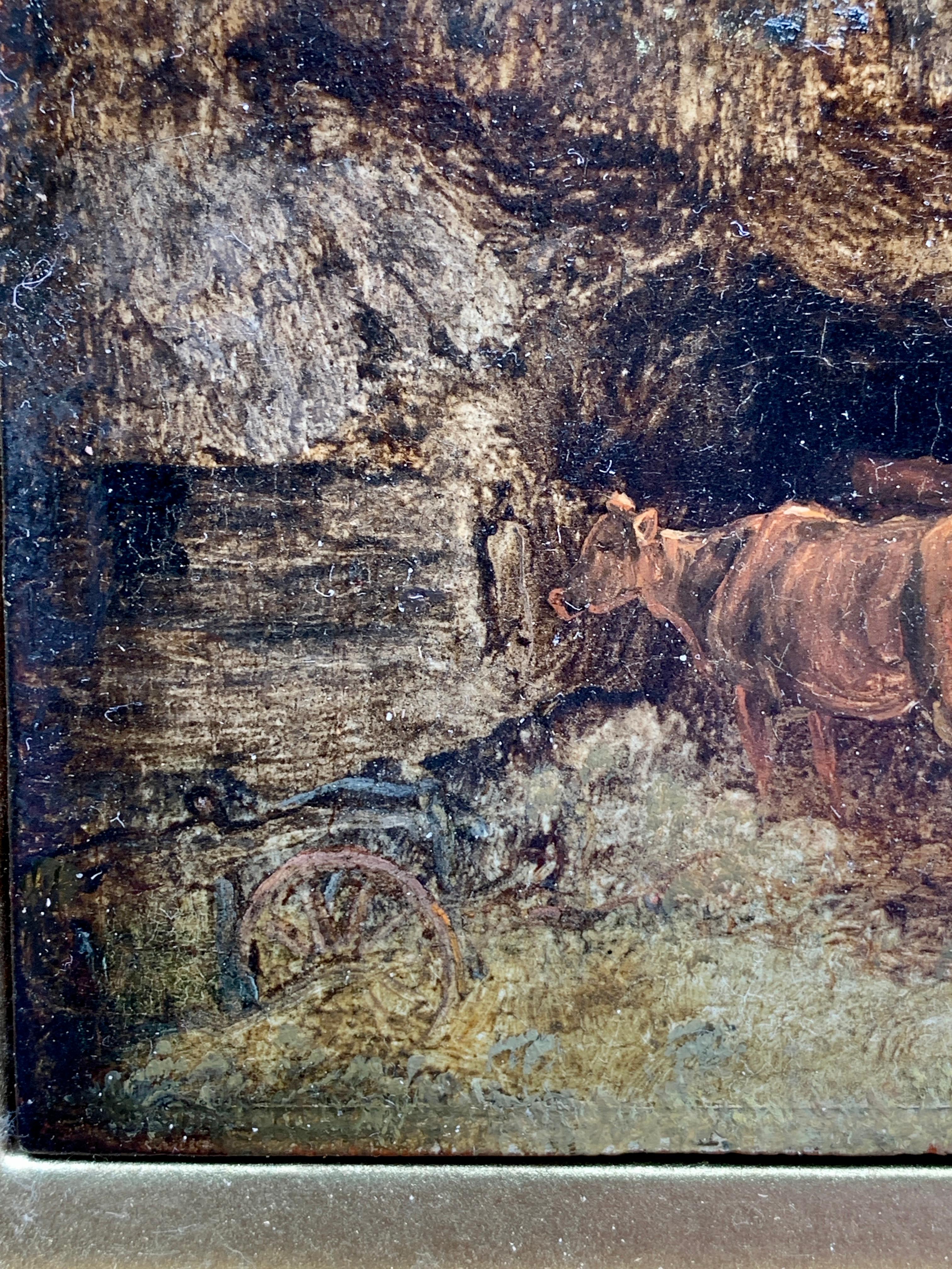 Early 19th century Antique English landscape with cows in a cowshed - Brown Figurative Painting by Unknown
