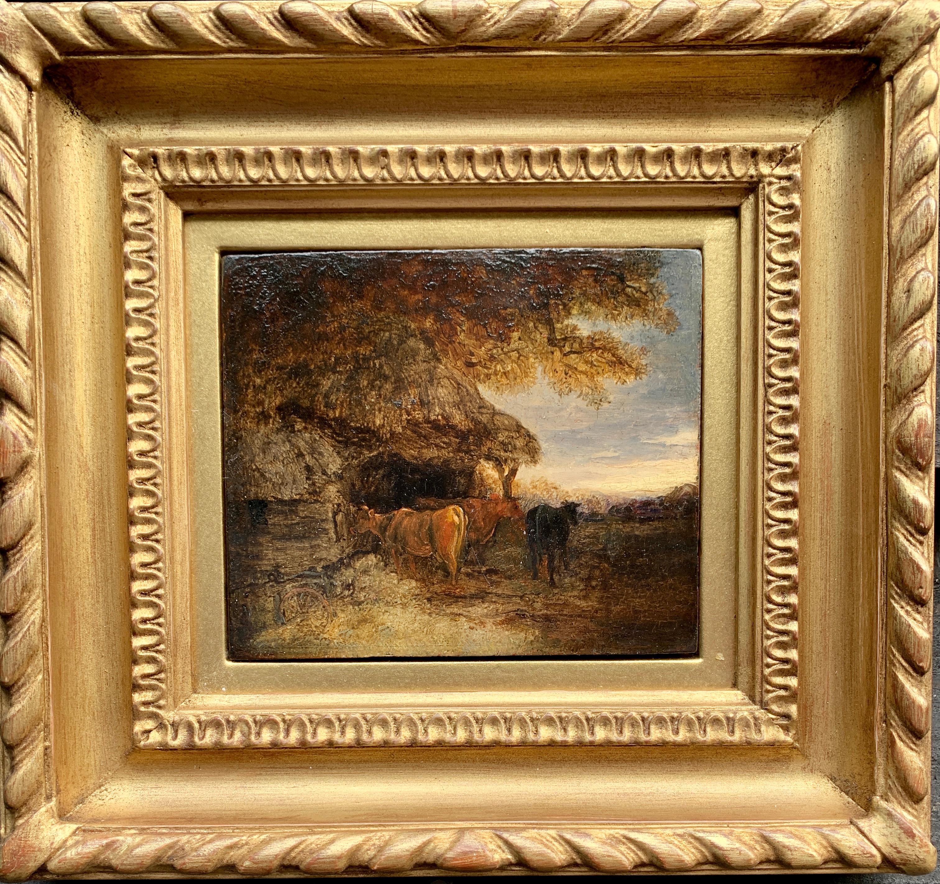 Early 19th century Antique English landscape with cows in a cowshed