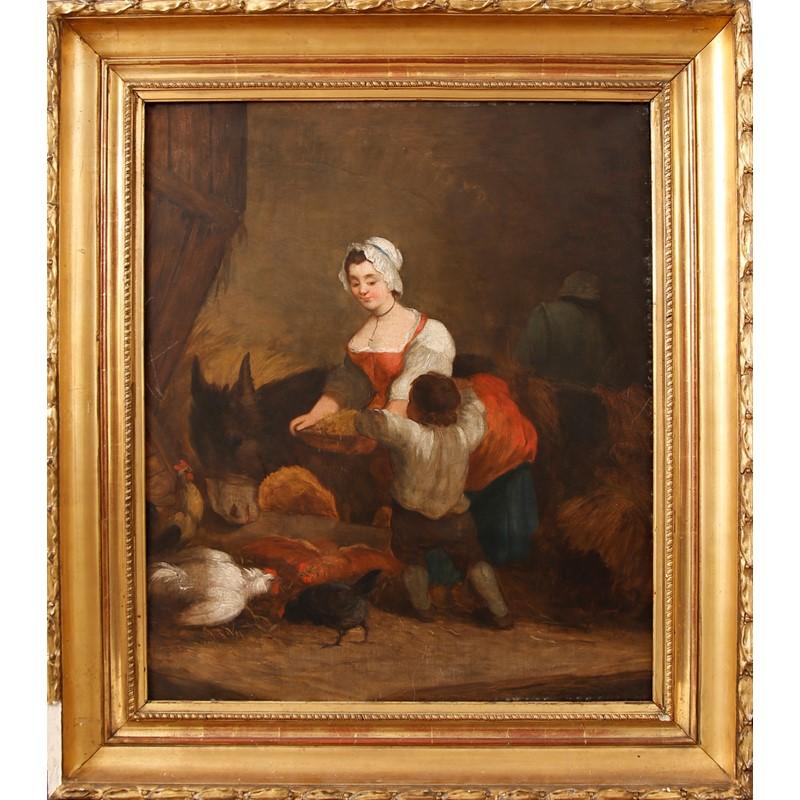 English School 19th Century Oil - Mother & Child Feeding Animals Stable Interior - Painting by Unknown
