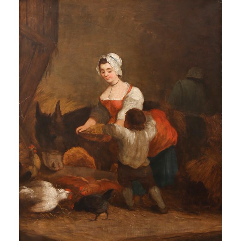 Animal Painting Unknown - Huile de l'école anglaise du 19ème siècle - Mère et enfant nourrissant des animaux - Intérieur d'une écurie