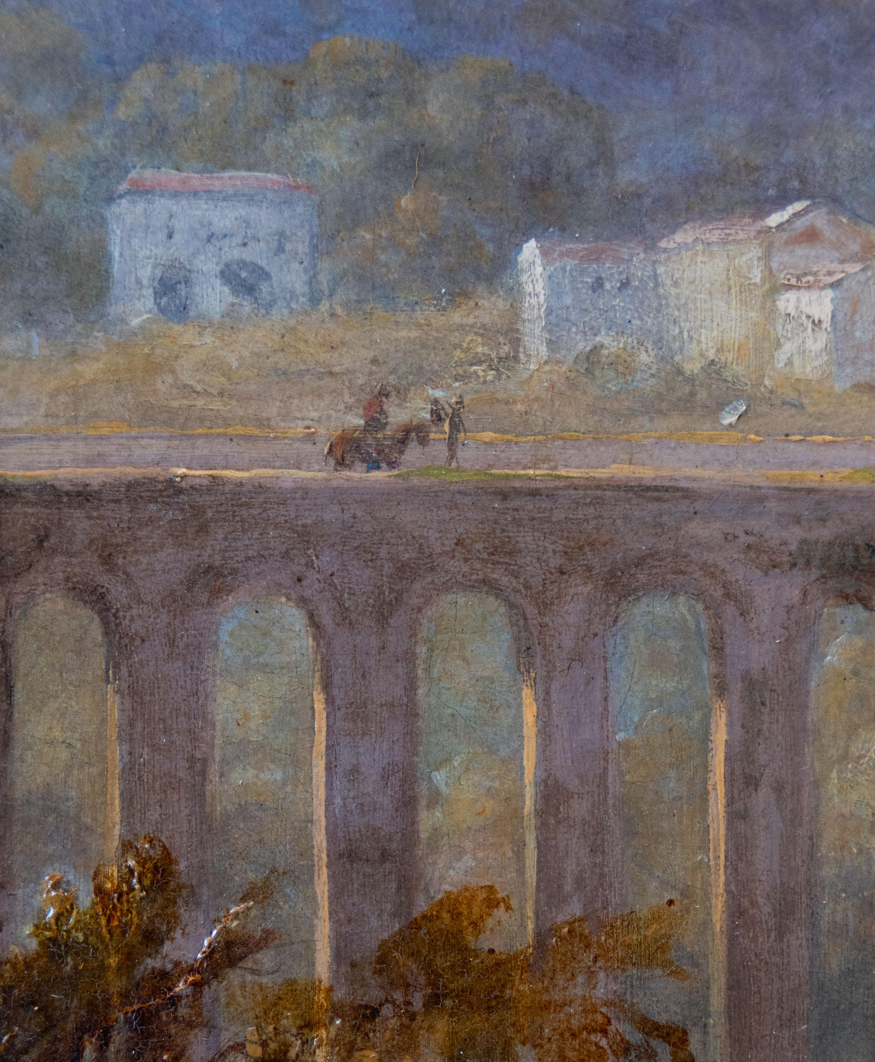 Figure presso un ponte con Townes e montagne a Cava Tirreni - Painting di 19th Century English School