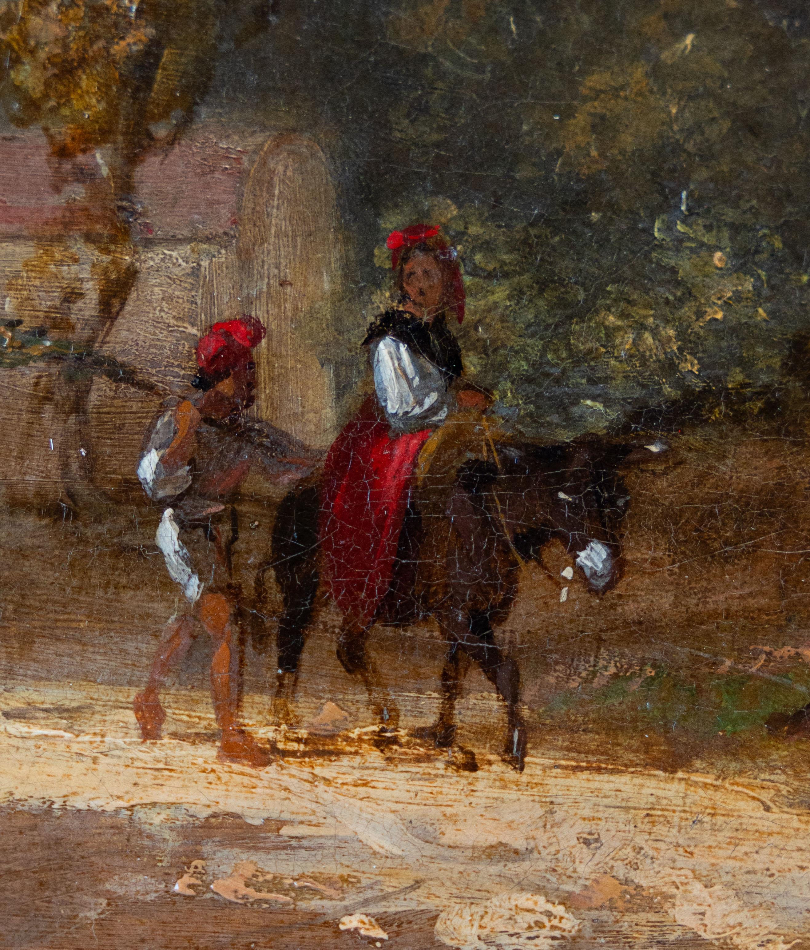 Figure presso un ponte con Townes e montagne a Cava Tirreni - Landscape Painting Grigio di 19th Century English School